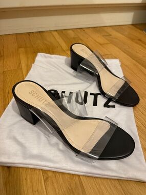 SCHUTZ Black & Clear Block Heel Slide Sandals Size 6.5